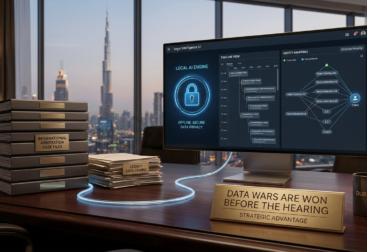 Advanced Legal Ops UI displaying local AI data processing and entity mapping for international arbitration and complex disputes in Dubai, GCC.