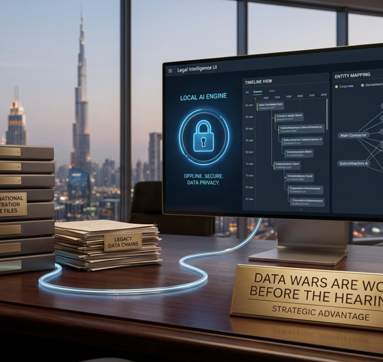 Advanced Legal Ops UI displaying local AI data processing and entity mapping for international arbitration and complex disputes in Dubai, GCC.